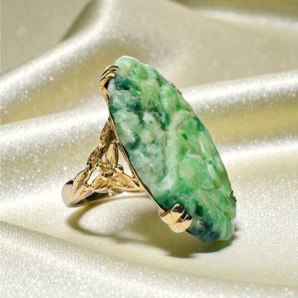 ANTIQUE- 14K Gold- Natural Nephrite Jade Ring -Size 5- Hand Carved - Art Nouveau - Picture 3 of 16